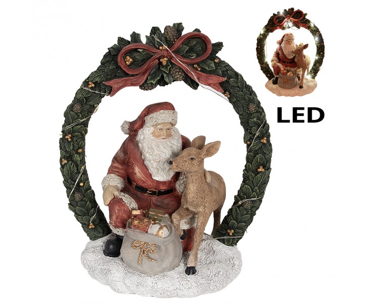 Vánoční dekorace Santa se srnečkou v zeleném věnci - 19*12*23 cm Clayre & Eef