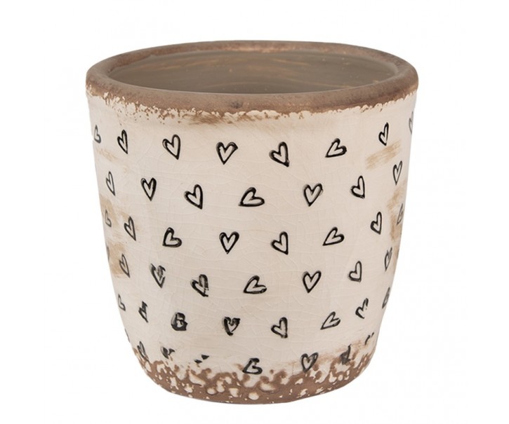 Béžový keramický obal na květináč se srdíčky Hearti S - Ø 13*12 cm Clayre & Eef