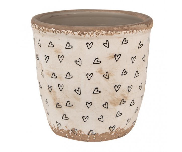Béžový keramický obal na květináč se srdíčky Hearti M - Ø 14*13 cm Clayre & Eef