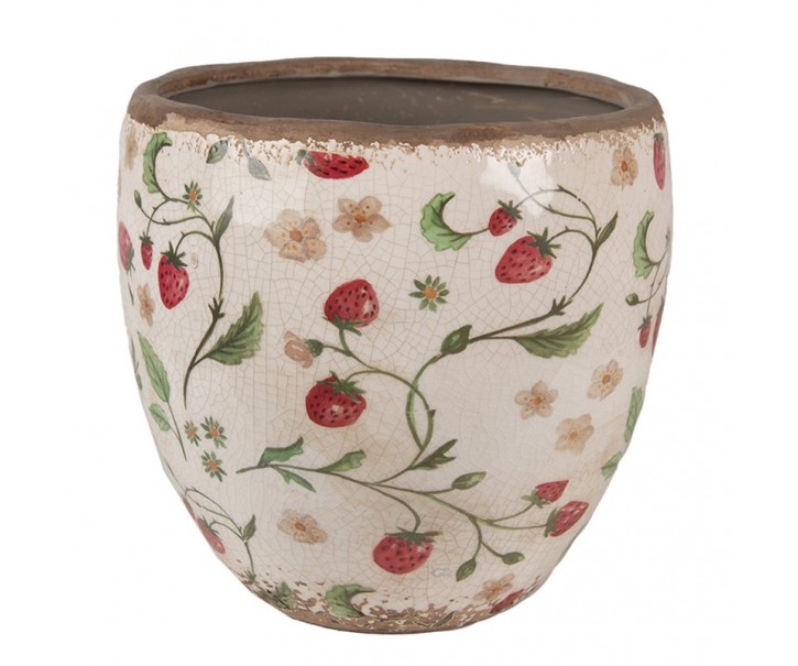 Béžový keramický obal na květináč s jahůdkami Wild Strawberries L - Ø 18*18cm Clayre & Eef