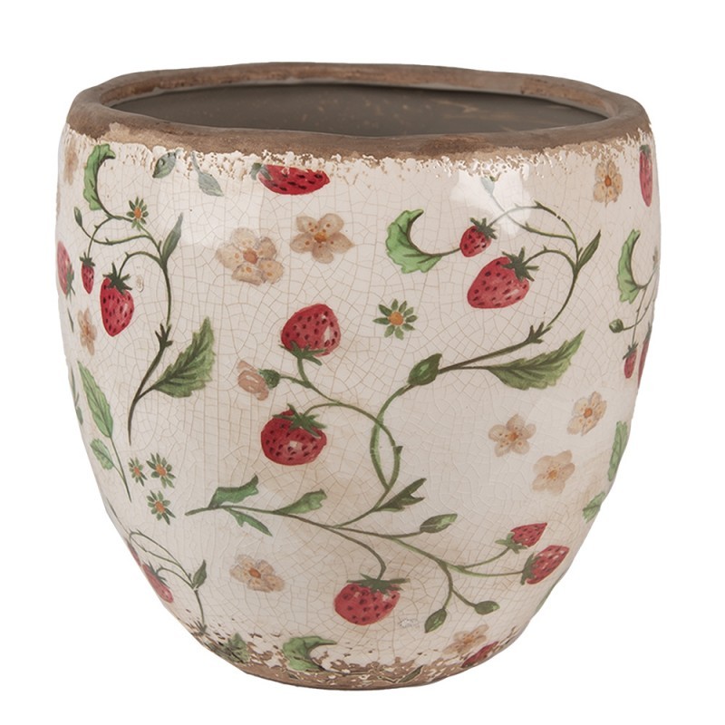 Béžový keramický obal na květináč s jahůdkami Wild Strawberries L - Ø 18*18cm Clayre & Eef Béžový keramický obal na květináč s jahůdkami Wild Strawberries L - Ø 18*18cm Clayre & Eef