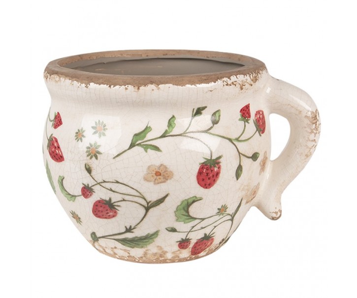 Béžový keramický obal na květináč s jahůdkami Wild Strawberries - 17*14*12 cm Clayre & Eef
