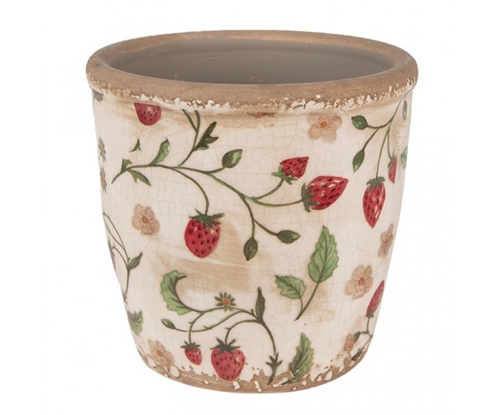 Béžový keramický obal na květináč s jahůdkami Wild Strawberries S - Ø 13*13 cm Clayre & Eef