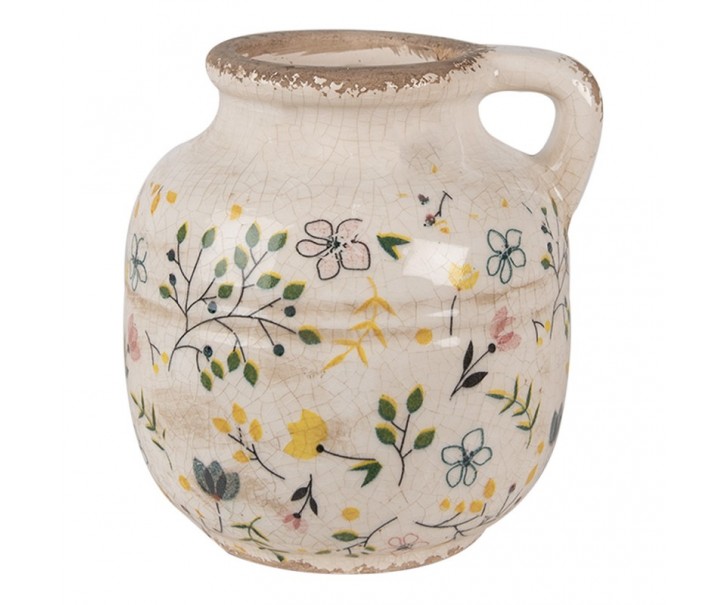 Béžový keramický dekorativní džbán se žlutými kvítky Ylla M - Ø 12*14 cm Clayre & Eef
