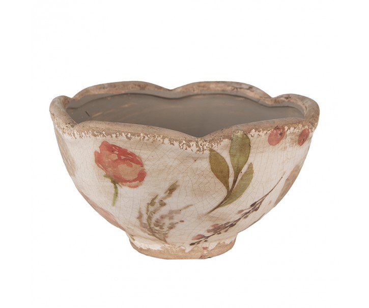 Béžový keramický obal na květináč s růžovými květy Olia S - Ø 16*9 cm Clayre & Eef