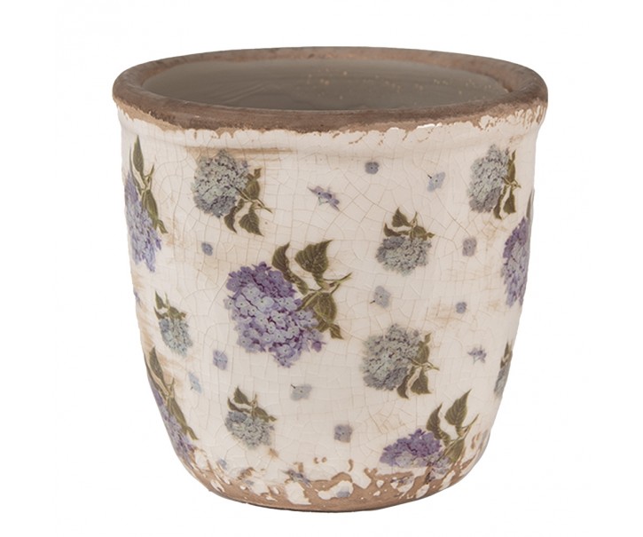 Béžový keramický obal na květináč s květy hortenzie Lilla XS - Ø 11*10 cm Clayre & Eef
