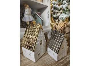 Béžová dekorace porcelánový domek s Led světýlky Christmas House M - 8*7*12 cm