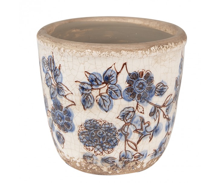 Keramický obal na květináč s modrými květy Blusia S - Ø 13*12 cm Clayre & Eef