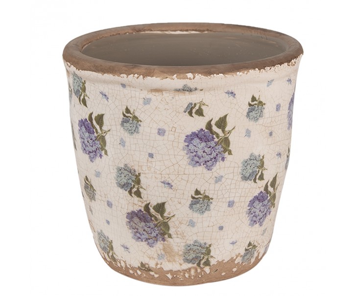 Béžový keramický obal na květináč s květy šeříku Lilla M - Ø14*13 cm Clayre & Eef