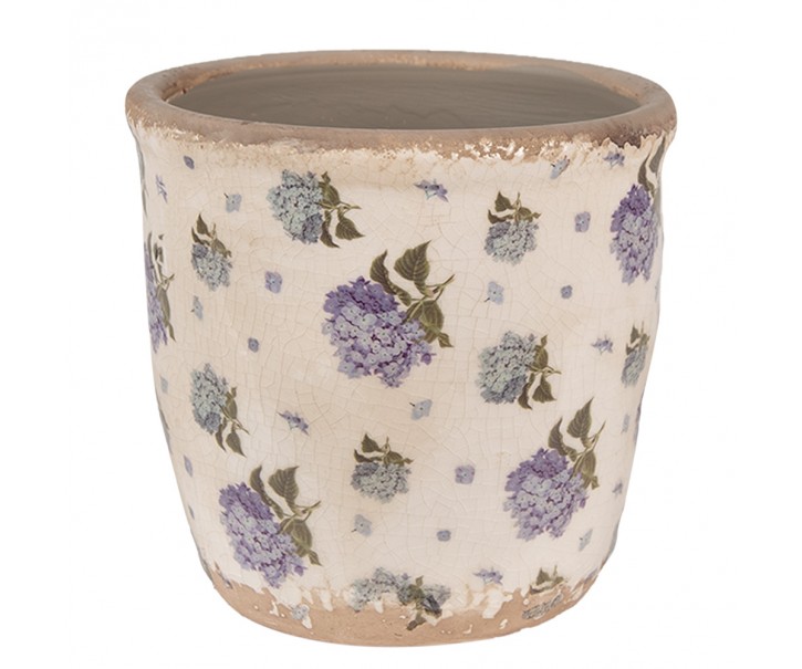 Béžový keramický obal na květináč s květy hortenzie Lilla S - Ø 13*12 cm Clayre & Eef