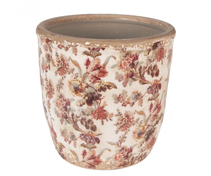 Béžový keramický obal na květináč s květy Flovia L - Ø 16*16 cm Clayre & Eef