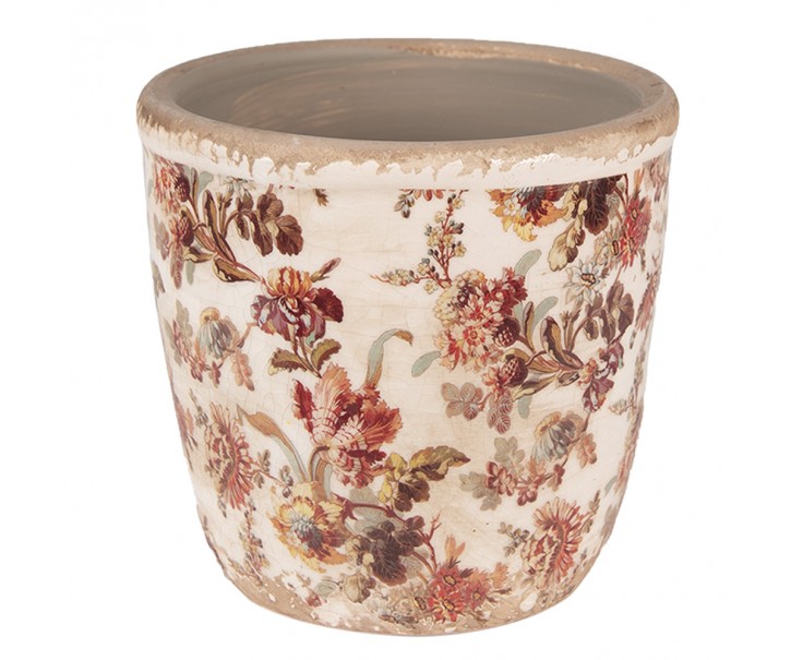 Béžový keramický obal na květináč s květy Flovia S - Ø 13*13 cm Clayre & Eef