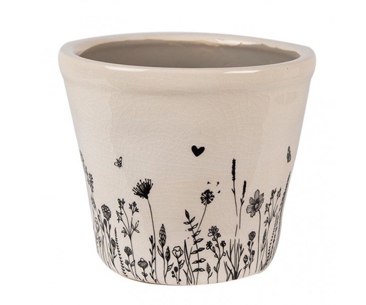 Béžový keramický obal na květináč s lučními květy Flora And Fauna S - Ø 12*11cm Clayre & Eef