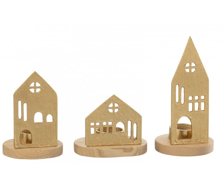 Set 3ks svícen domek na čajovou svíčku House gold - 9*9*19 cm J-Line by Jolipa