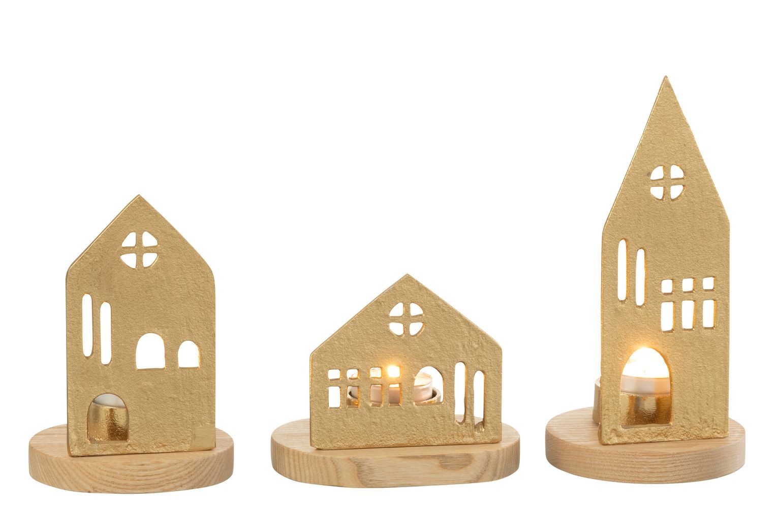 Set 3ks svícen domek na čajovou svíčku House gold - 9*9*19 cm J-Line by Jolipa Set 3ks svícen domek na čajovou svíčku House gold - 9*9*19 cm J-Line by Jolipa