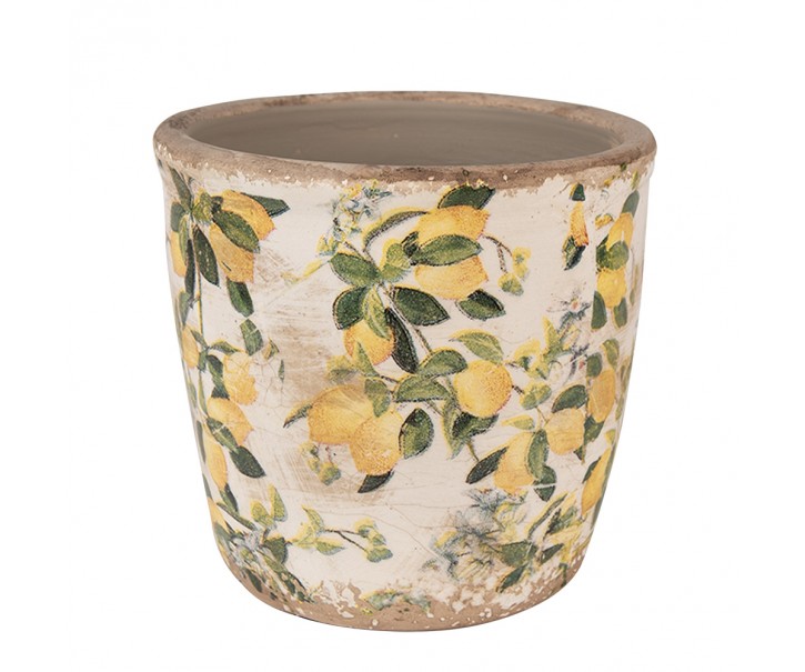 Béžový keramický obal na květináč s citróny Lemons S - Ø 13*12 cm Clayre & Eef