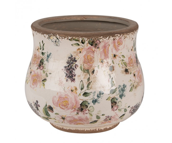 Béžový keramický obal na květináč s růžemi Rosina S - Ø16*14 cm Clayre & Eef