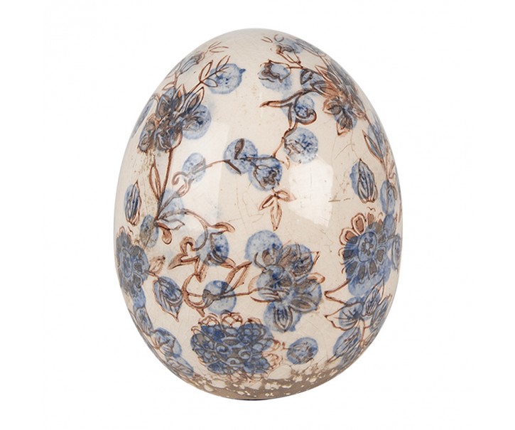 Dekorace keramické vajíčko s modrými květy Blusia M - Ø 11*14 cm Clayre & Eef