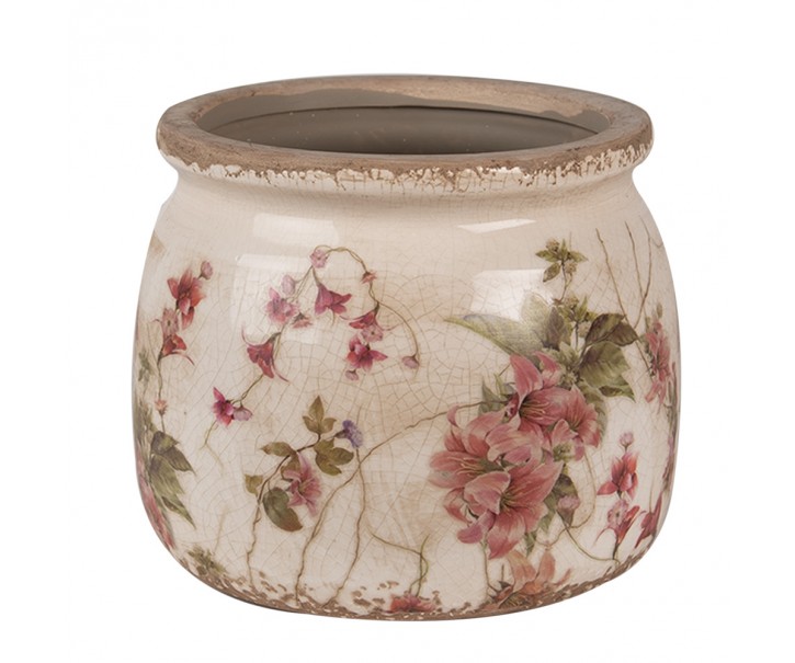 Béžový keramický obal na květináč s květy Lilie M - Ø 16*13 cm Clayre & Eef