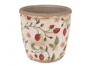 Béžový keramický obal na květináč s jahůdkami Wild Strawberries M - Ø 14*13 cm