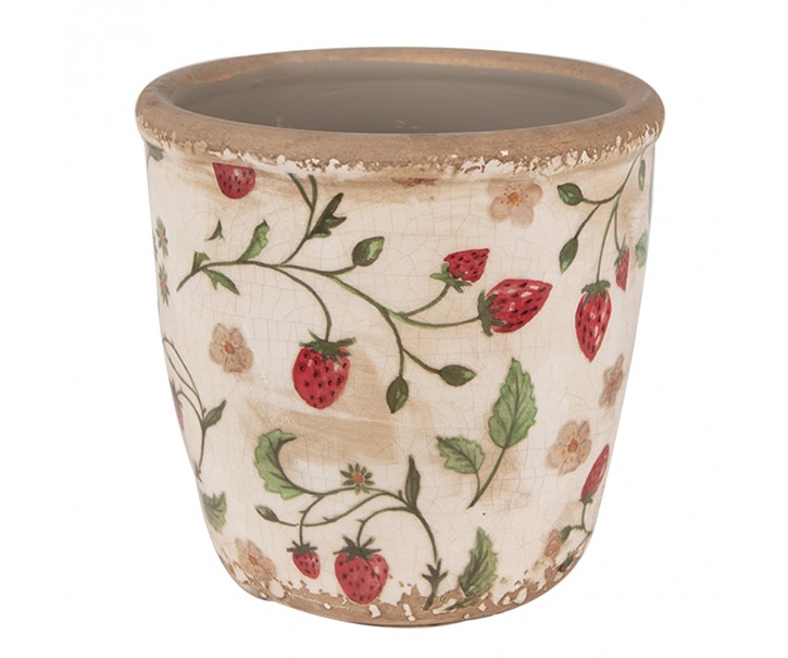 Béžový keramický obal na květináč s jahůdkami Wild Strawberries S - Ø 14*13 cm Clayre & Eef