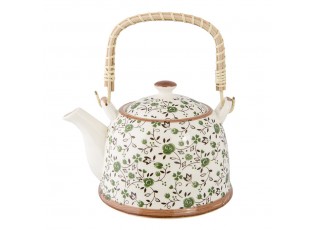 Porcelánová konvička se sítkem a zelenými květy - 18*14*12 cm / 700 ml