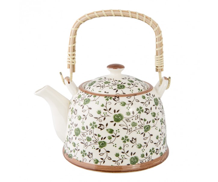 Porcelánová konvička se sítkem a zelenými květy - 18*14*12 cm / 700 ml Clayre & Eef