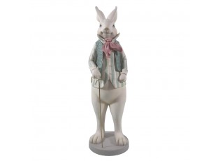 Bílá dekorace socha králík ve vestičce s hůlkou - 17*15*53 cm
