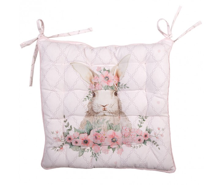 Růžový bavlněný sedák s výplní s králíčkem Floral Easter Bunny - 40*40*4 cm Clayre & Eef