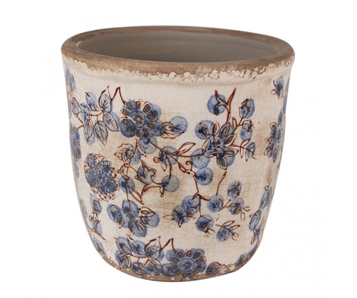 Keramický obal na květináč s modrými květy Blusia M - Ø 14*14 cm Clayre & Eef