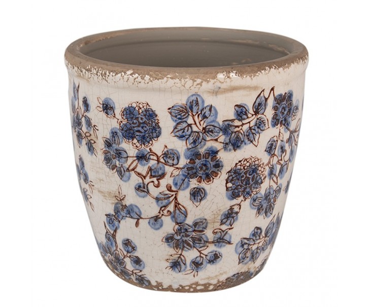 Keramický obal na květináč s modrými květy Blusia L - Ø 17*16cm Clayre & Eef
