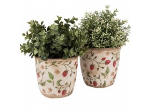Béžový keramický obal na květináč s jahůdkami Wild Strawberries M - Ø 14*13 cm