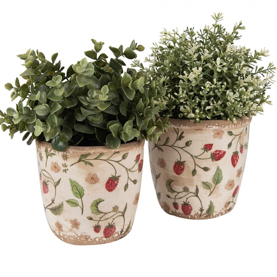 Béžový keramický obal na květináč s jahůdkami Wild Strawberries M - Ø 14*13 cm Clayre & Eef Béžový keramický obal na květináč s jahůdkami Wild Strawberries M - Ø 14*13 cm Clayre & Eef