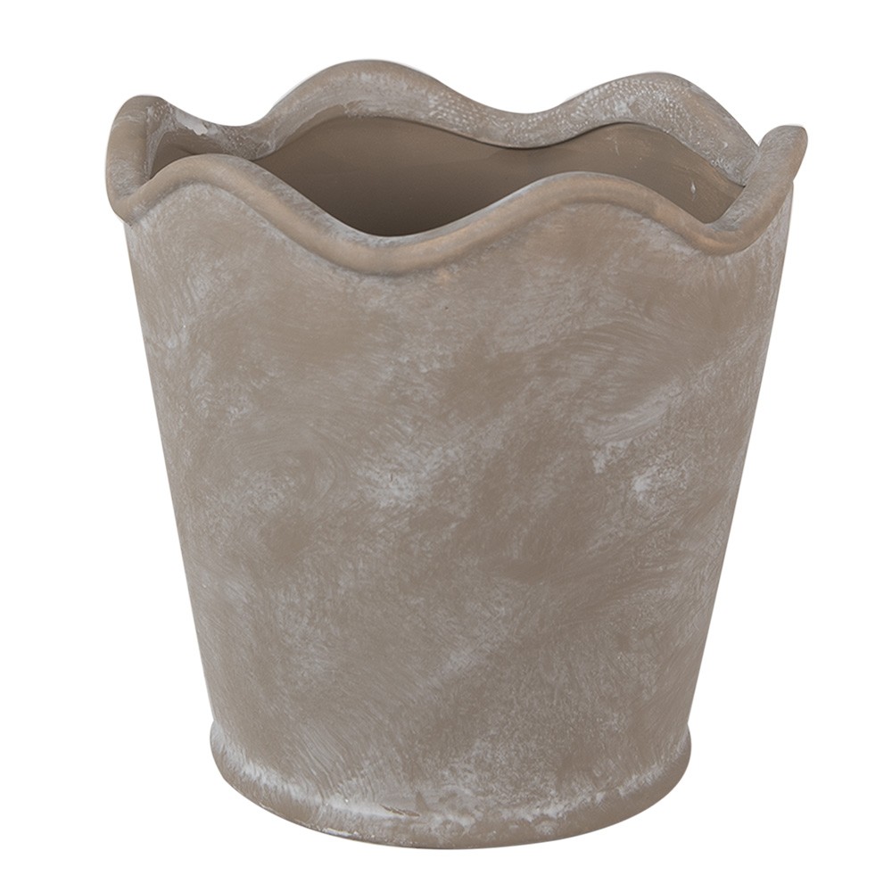 Šedý keramický obal na květináč s vlnitým okrajem M - Ø 16*14 cm