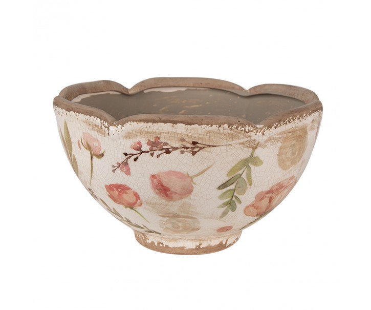 Béžový keramický obal na květináč s růžovými květy Olia M - Ø 21*12 cm Clayre & Eef