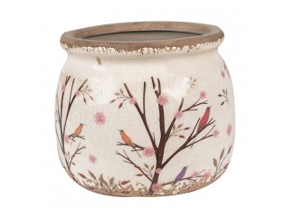 Béžový keramický obal na květináč s květy a ptáčky Birdie M - Ø 16*13 cm