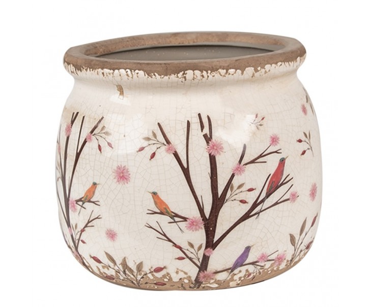 Béžový keramický obal na květináč s květy a ptáčky Birdie M - Ø 16*13 cm Clayre & Eef