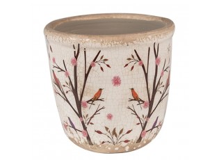 Béžový keramický obal na květináč s květy a ptáčky Birdie XS - Ø 11*10 cm