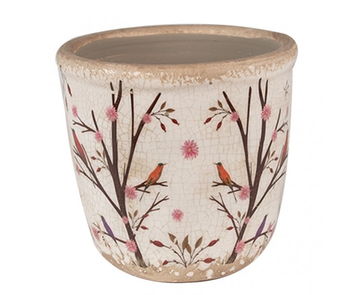 Béžový keramický obal na květináč s květy a ptáčky Birdie XS - Ø 11*10 cm Clayre & Eef