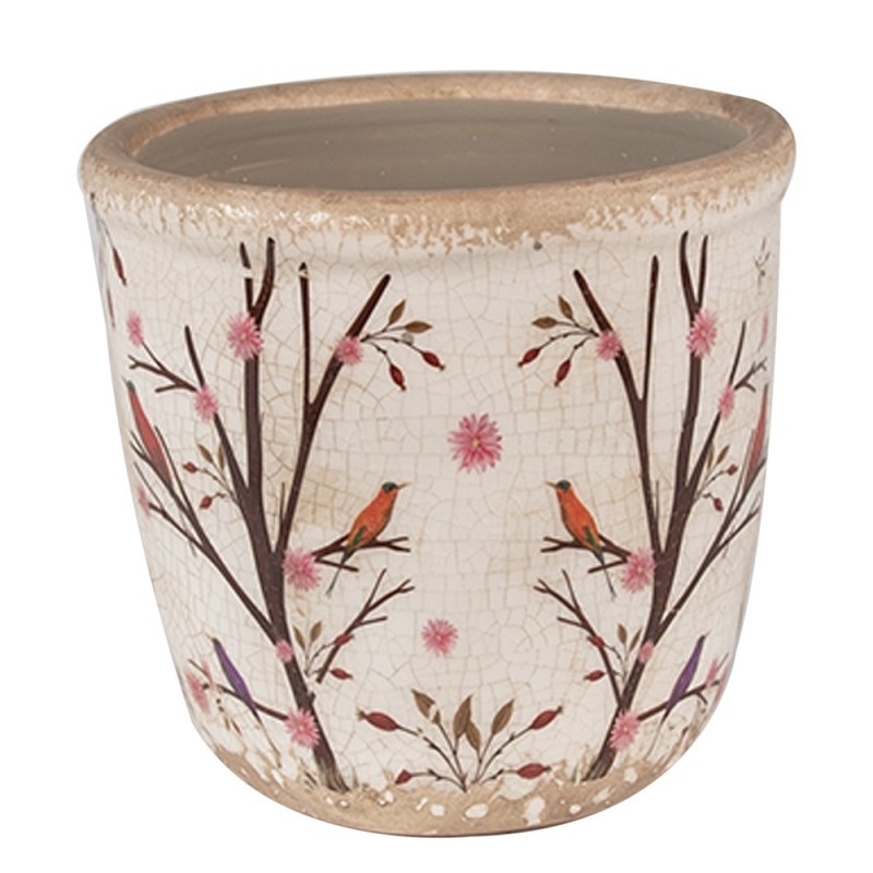 Béžový keramický obal na květináč s květy a ptáčky Birdie XS - Ø 11*10 cm