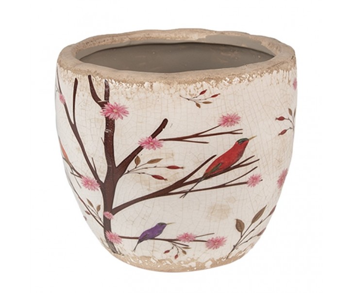 Béžový keramický obal na květináč s květy a ptáčky Birdie S - Ø 13*11 cm Clayre & Eef