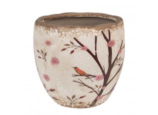 Béžový keramický obal na květináč s květy a ptáčky Birdie M - Ø 14*14 cm