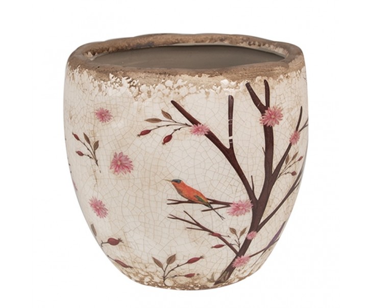 Béžový keramický obal na květináč s květy a ptáčky Birdie M - Ø 14*14 cm Clayre & Eef