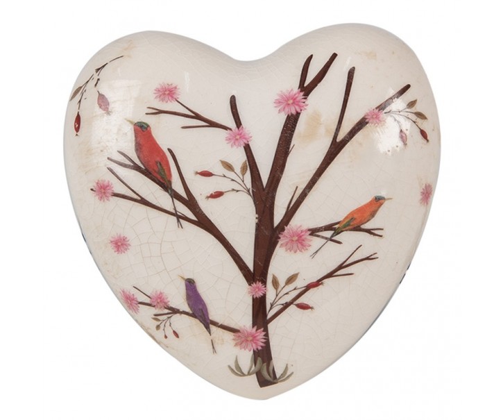 Dekorace vintage srdce s květy a ptáčky Birdie - 12*12*4 cm Clayre & Eef