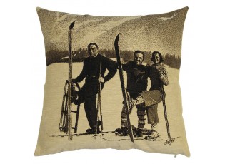 Gobelínový retro polštář s lyžaři a dobovými lyžemi Ski club - 45*15*46cm
