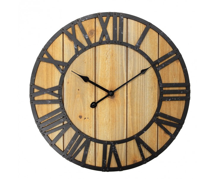 Černohnědé antik nástěnné hodiny s dřevěnými prkny - Ø 46*5 cm / 1*AA Clayre & Eef