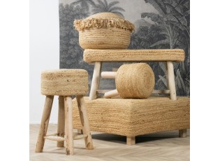 Jutový pletený puf na sezení s třásněmi - Ø 50*35cm
