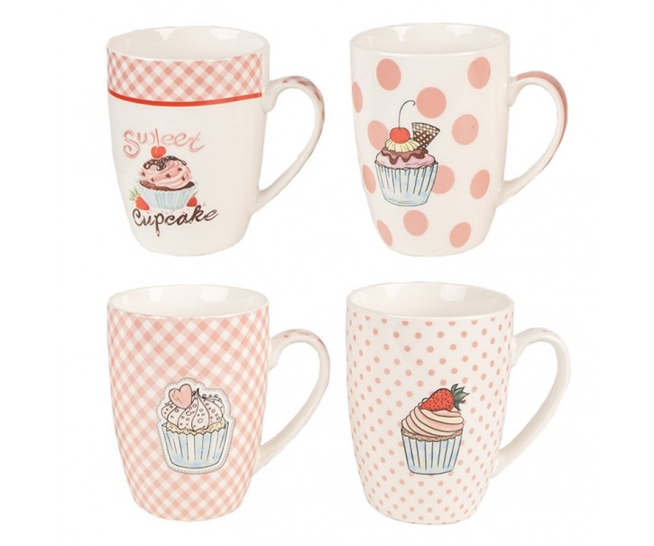 Set 4ks bílo-růžový porcelánový hrnek s dortíky Cupcake - 8*10 cm / 0,3L Clayre & Eef