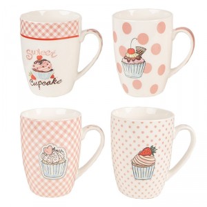Set 4ks bílo-růžový porcelánový hrnek s dortíky Cupcake - 8*10 cm / 0,3L 