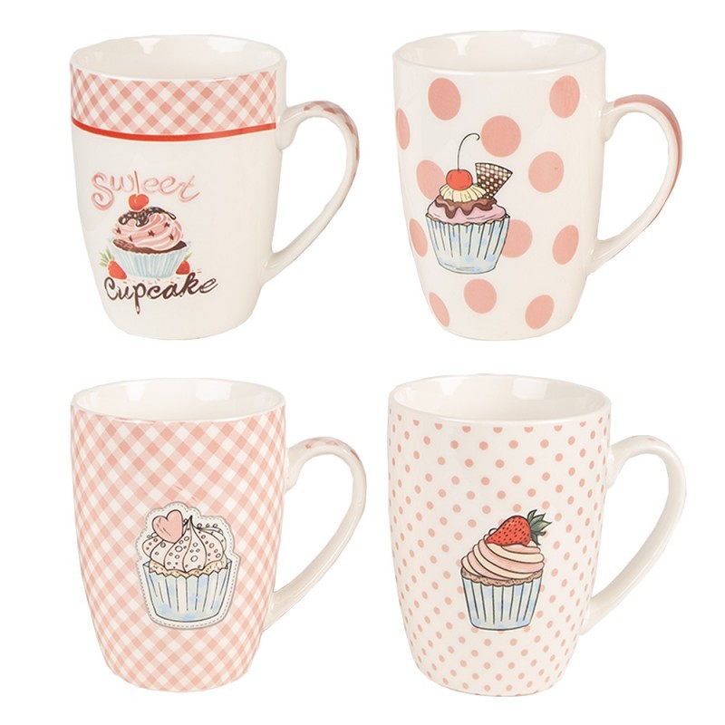 Set 4ks bílo-růžový porcelánový hrnek s dortíky Cupcake - 8*10 cm / 0,3L Clayre & Eef Set 4ks bílo-růžový porcelánový hrnek s dortíky Cupcake - 8*10 cm / 0,3L Clayre & Eef